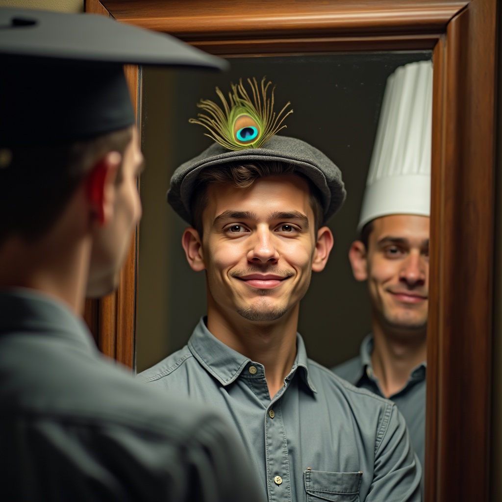 Someone standing before an open wardrobe full of different outfits, looking at their own reflection in a mirror on the door