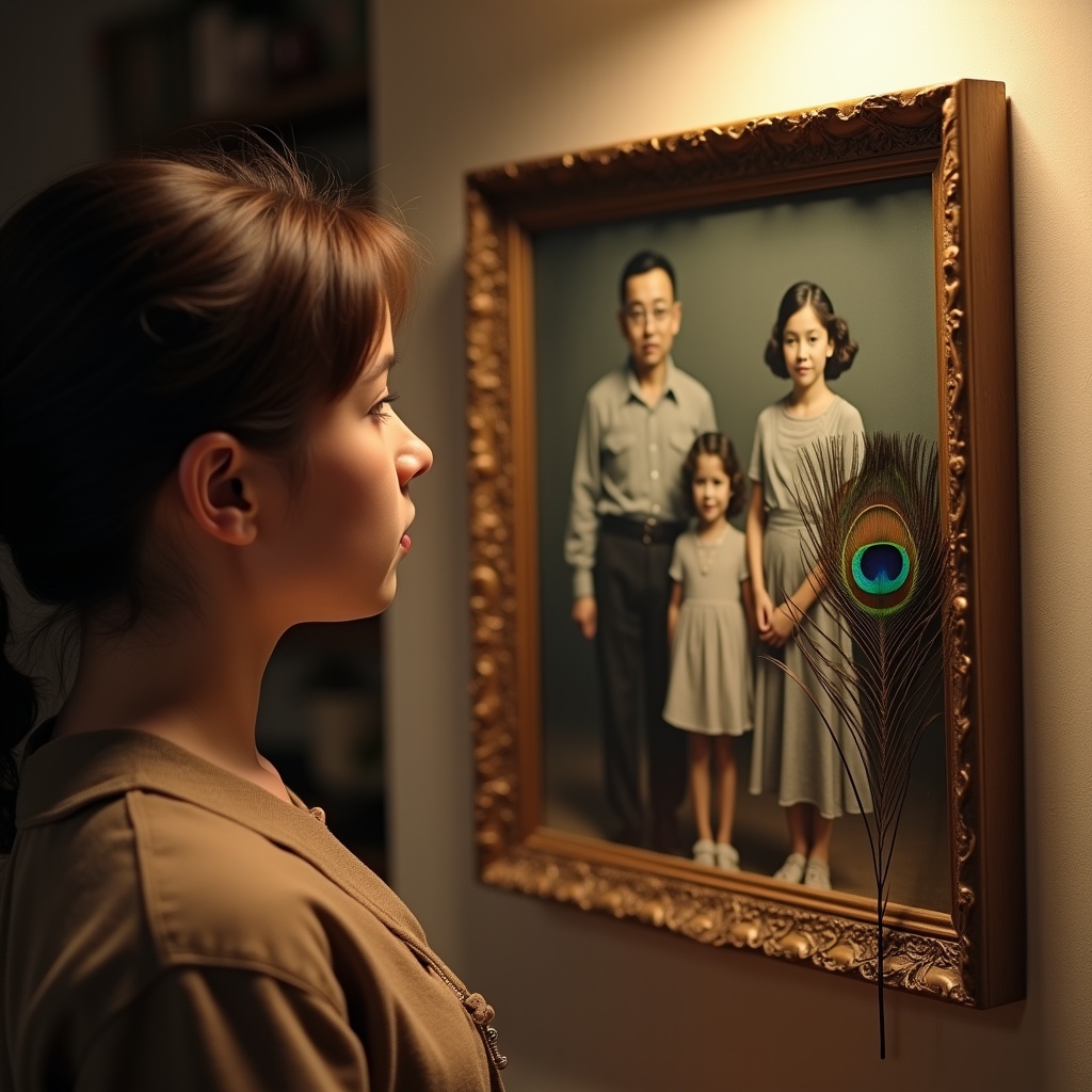 A person looking at their own reflection in a still puddle, seeing a younger version of themselves staring back