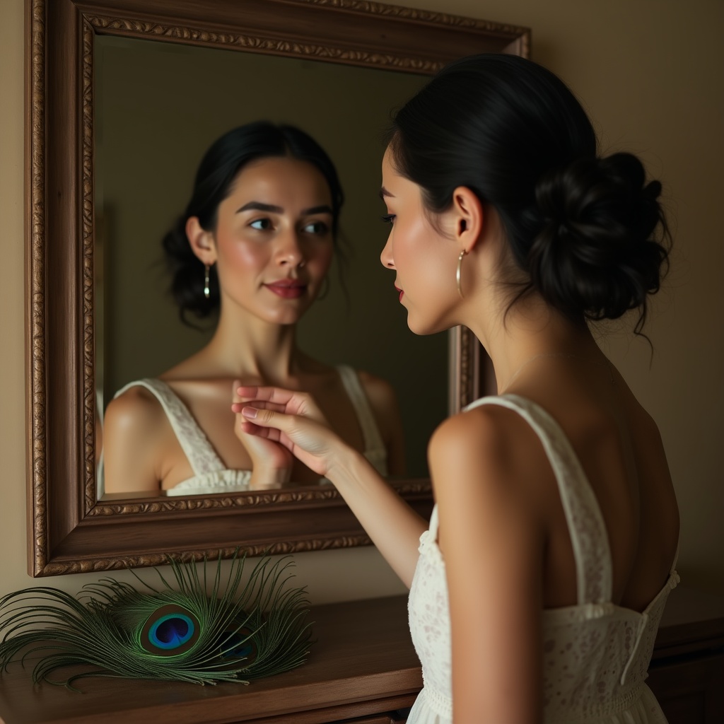 Two mirrors facing each other, a person standing between them seeing infinite reflections — some smiling, some frowning