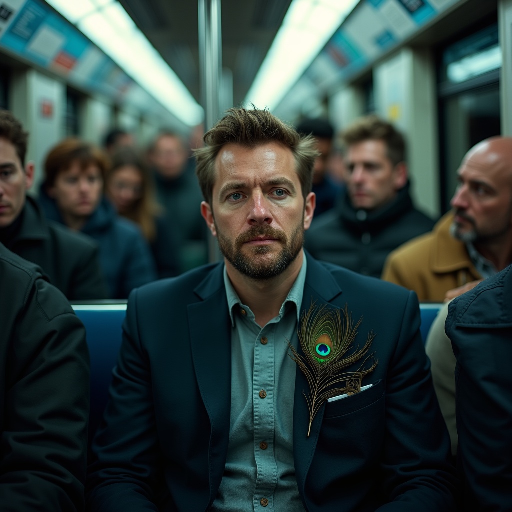 A person sitting calmly on a park bench during a rainstorm, people rushing past with umbrellas, their expression peaceful and unhurried