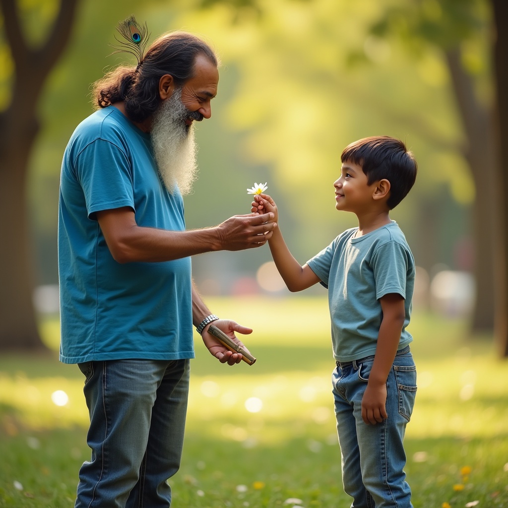 A child handing a wildflower to their grandmother, the flower small and slightly wilted, the grandmother's face lit up with genuine joy