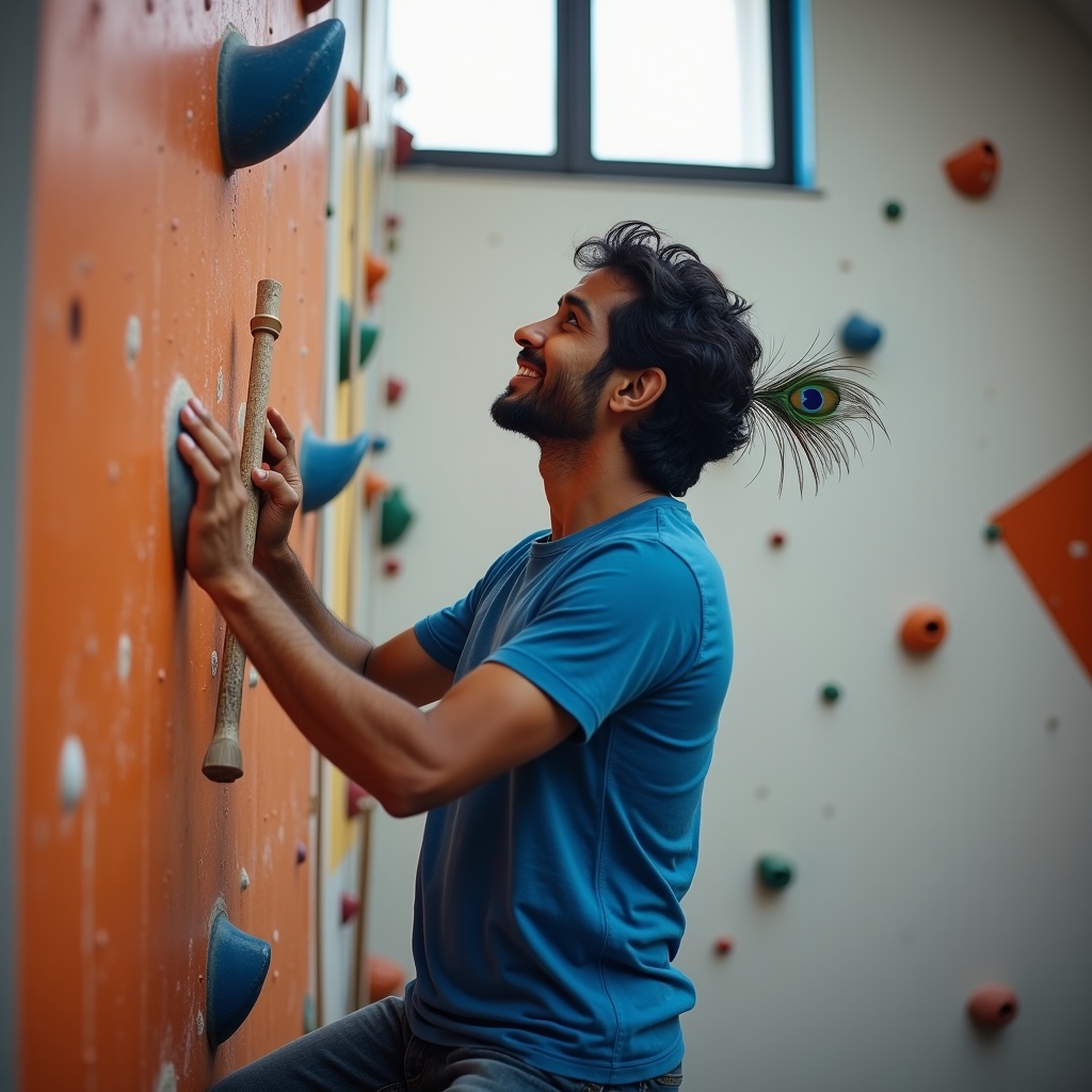 Krishna standing behind someone frozen at the edge of a diving board, a vast pool below, warm afternoon light