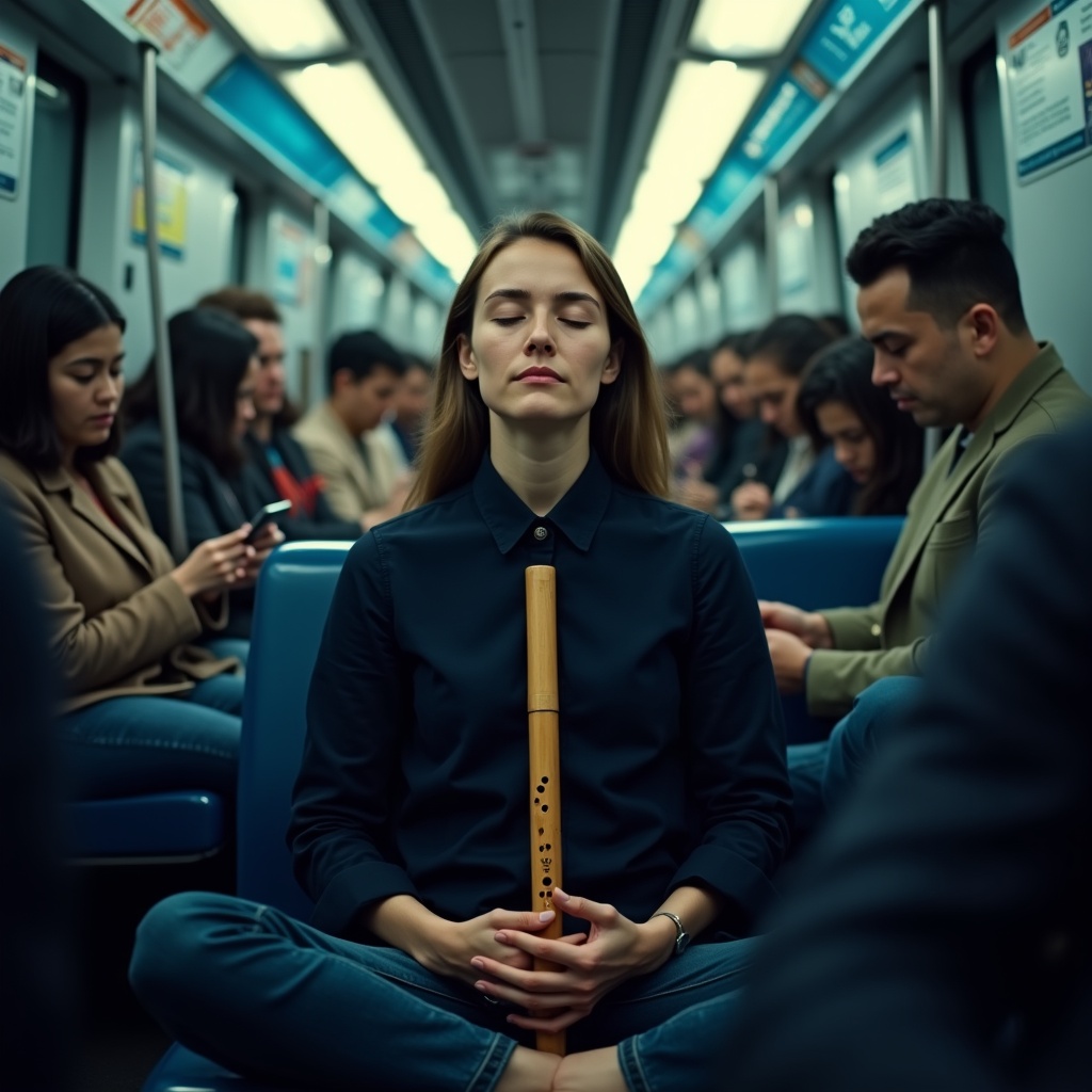 Krishna beside someone meditating in a noisy open-plan office, headphones on, chaos swirling around them but their posture calm