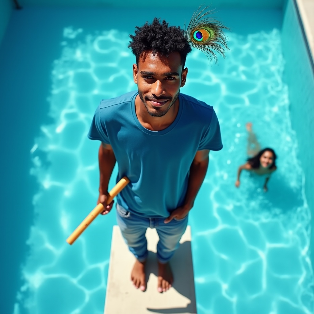 Krishna sitting with someone at a crossroads on a quiet rural road, two paths diverging into morning mist