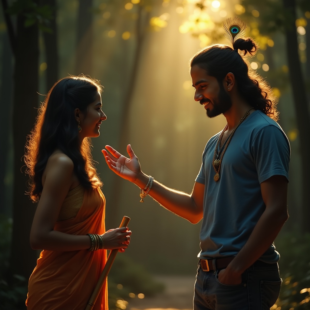 Krishna embracing someone at the edge of a cliff overlooking the ocean at sunset, the person's eyes closed in trust