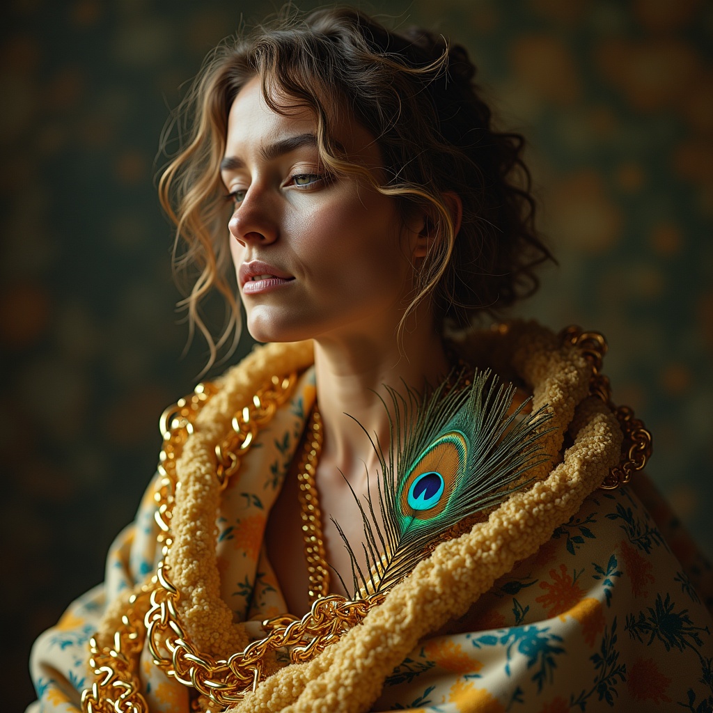 A person wrapped in golden chains that look like luxury goods — watches, phones, brand logos — unable to move, surrounded by excess