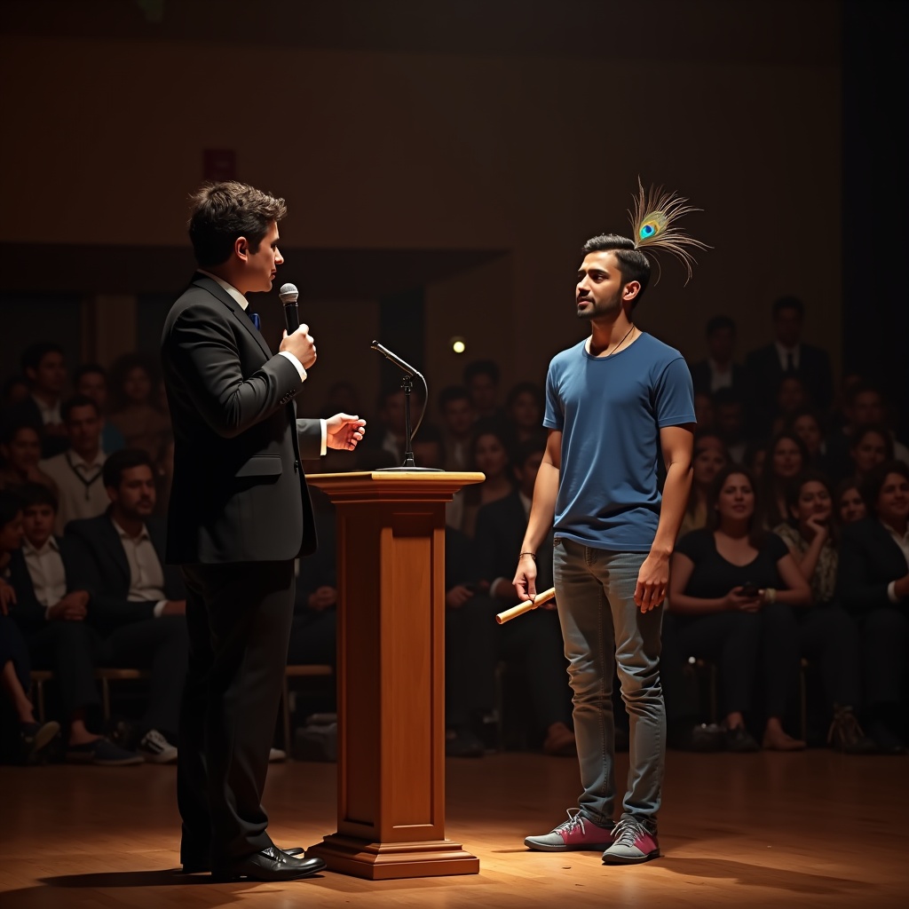 A young professional standing at the entrance of a towering office building at dawn, briefcase in hand, looking up with quiet determination as golden light breaks through the glass facade