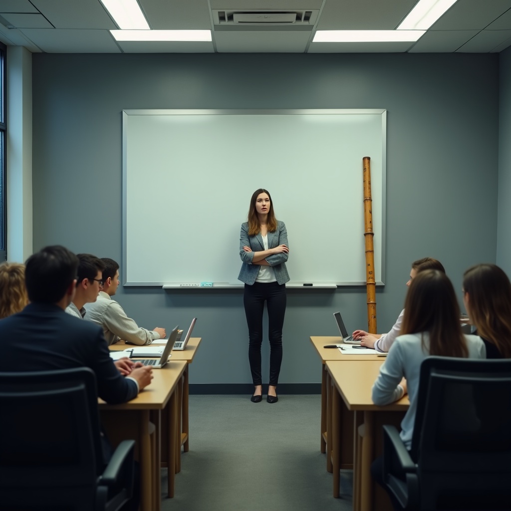 A lone employee standing in a sterile corporate boardroom, watching colleagues shred documents, a single beam of light falling on the person who refuses to participate