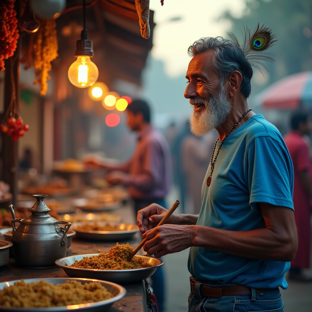A street food vendor perfecting a dish with intense focus, steam rising from the grill, a long queue of happy customers behind, golden evening light on a busy street
