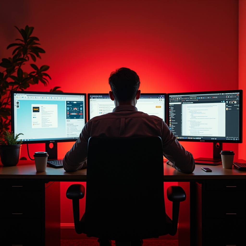 A person frantically multitasking at a desk with multiple screens, red-orange lighting, coffee cups scattered, phone buzzing, driven expression