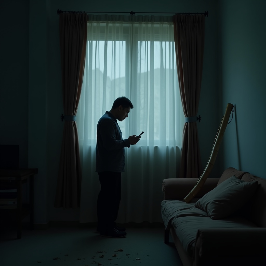 A person slumped on a couch in a dark room, grey-blue light from a phone screen, curtains drawn against daylight, unopened mail piling up