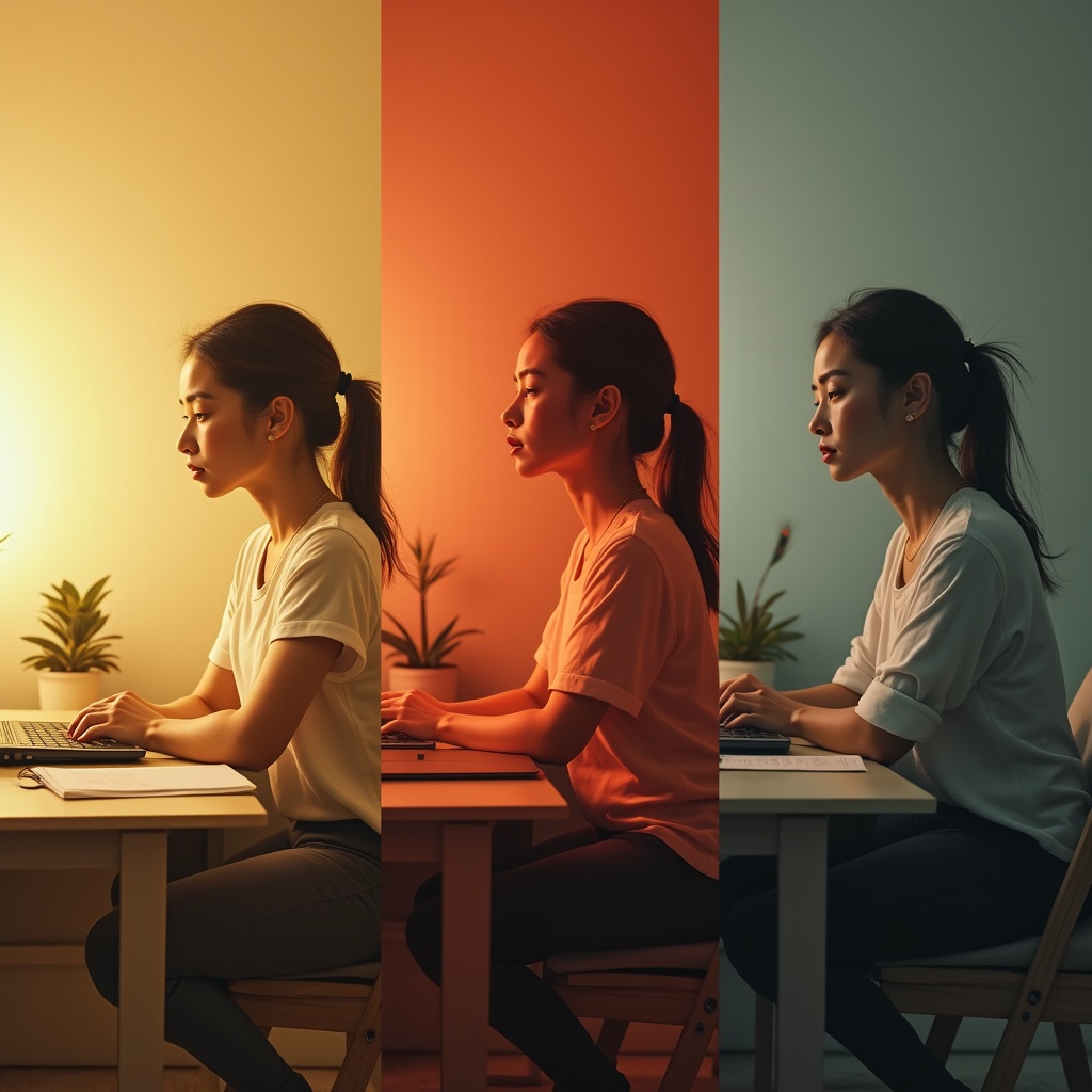 A triptych showing the same person in three states — focused at a desk in golden light, rushing through a crowd in red-orange, and staring blankly at a grey wall