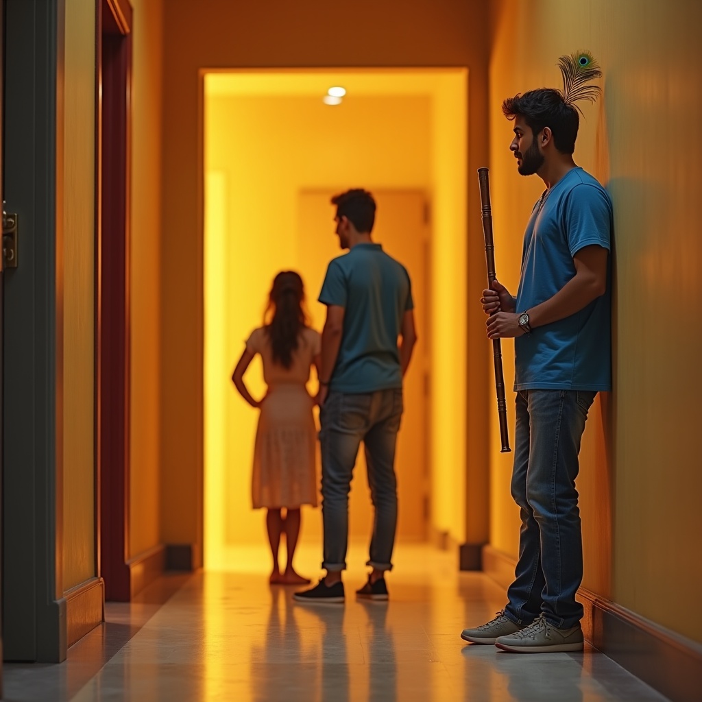 Three diverging paths from a single point — one ascending into golden clouds, one spiraling through a bustling market, one descending into a dim, foggy valley