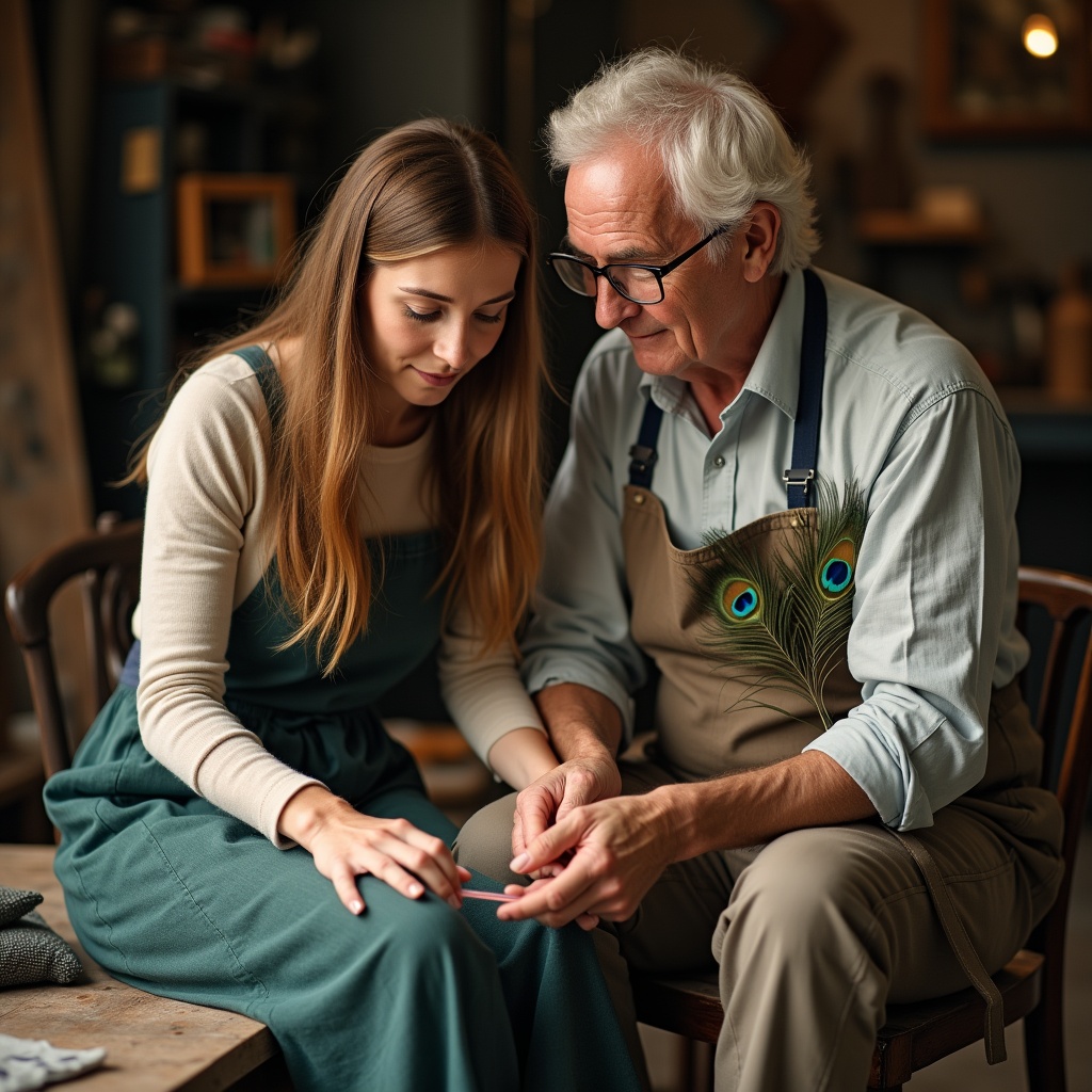 A young person kneeling beside an elderly mentor on a park bench, listening intently, city skyline in the background fading into soft focus
