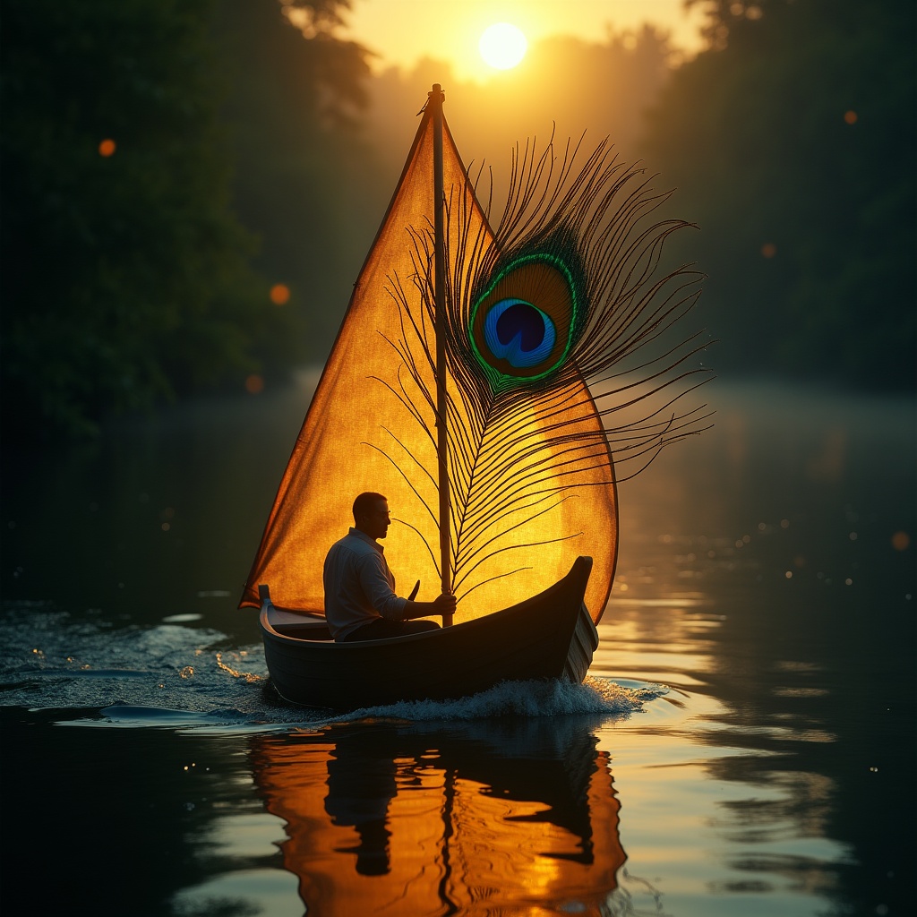 A lone figure in a small wooden boat crossing a dark turbulent sea, a beam of golden light breaking through storm clouds ahead