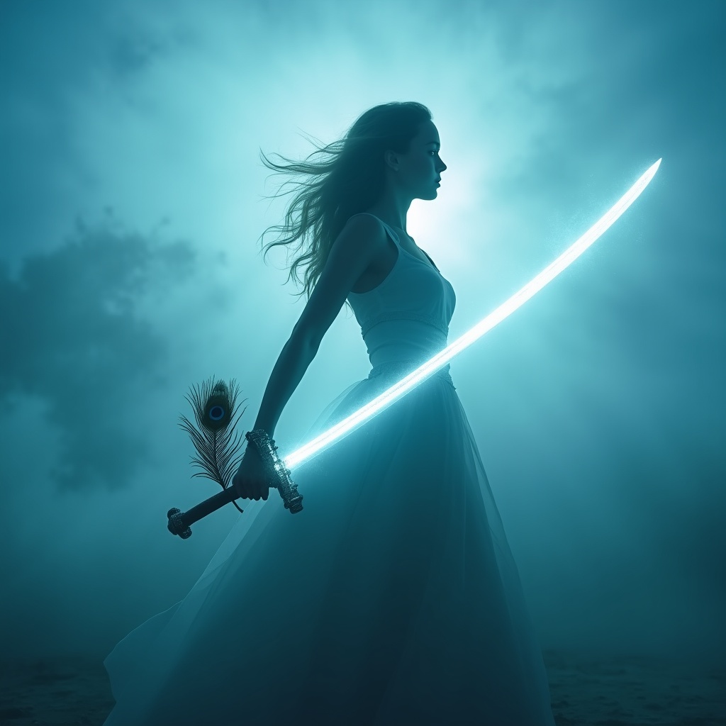 A person standing at a crossroads in morning fog, holding a luminous blade that cuts through the mist, revealing a clear path ahead