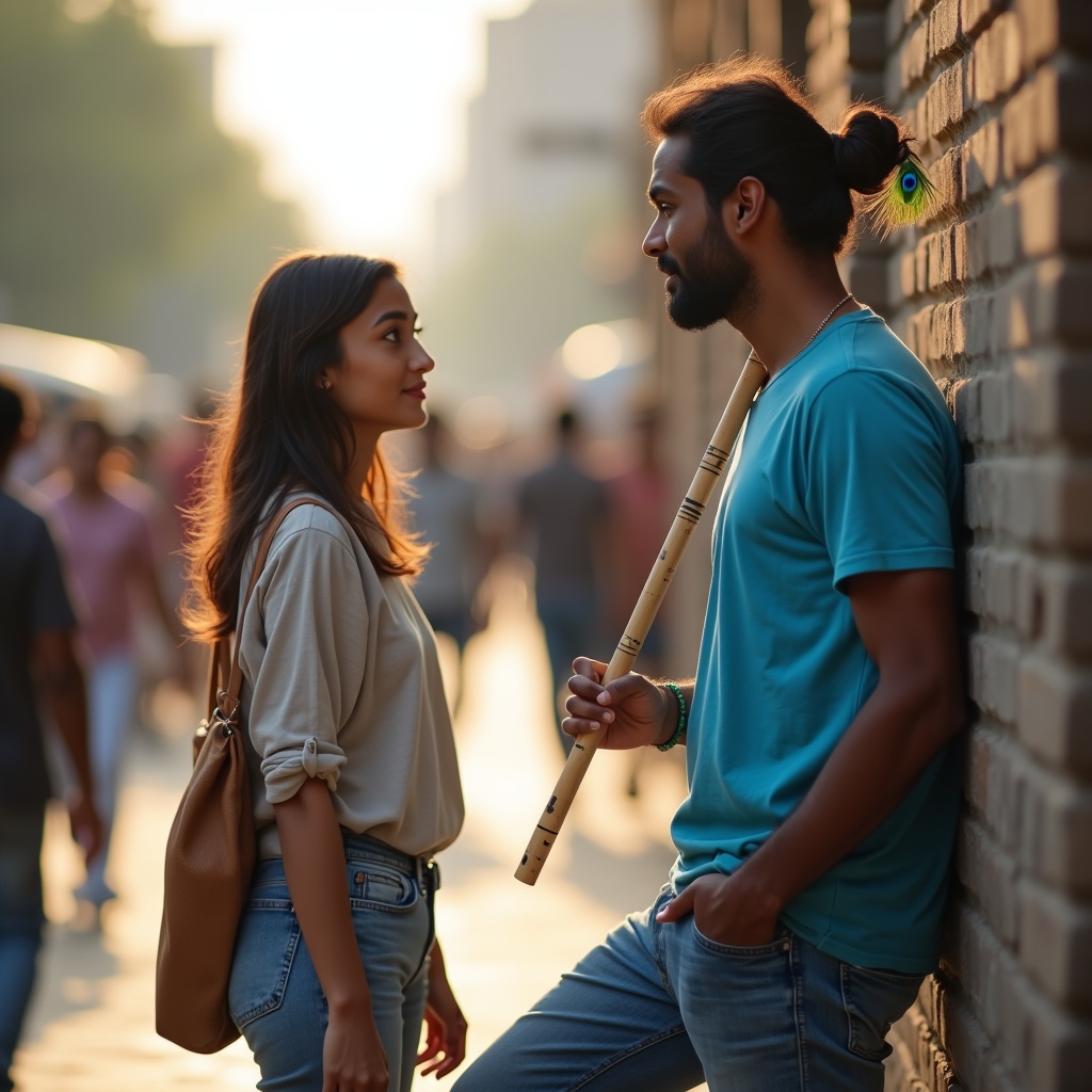 A young man in modern clothes standing at a crossroads in a busy city, looking uncertain, with a faint blue glow in the distance