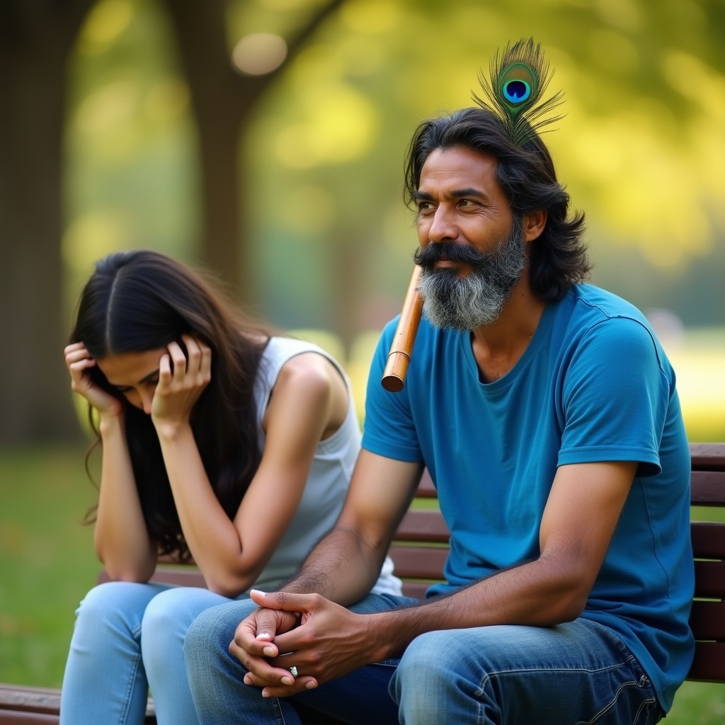 Krishna in jeans and a t-shirt sitting on a park bench next to someone who has their head in their hands, golden hour light