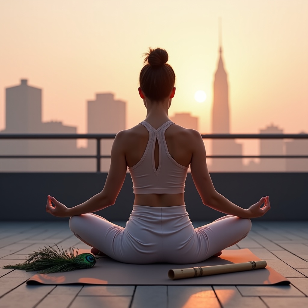 A person practising yoga on a rooftop at dawn, city skyline behind them, a peacock feather resting on the mat beside them