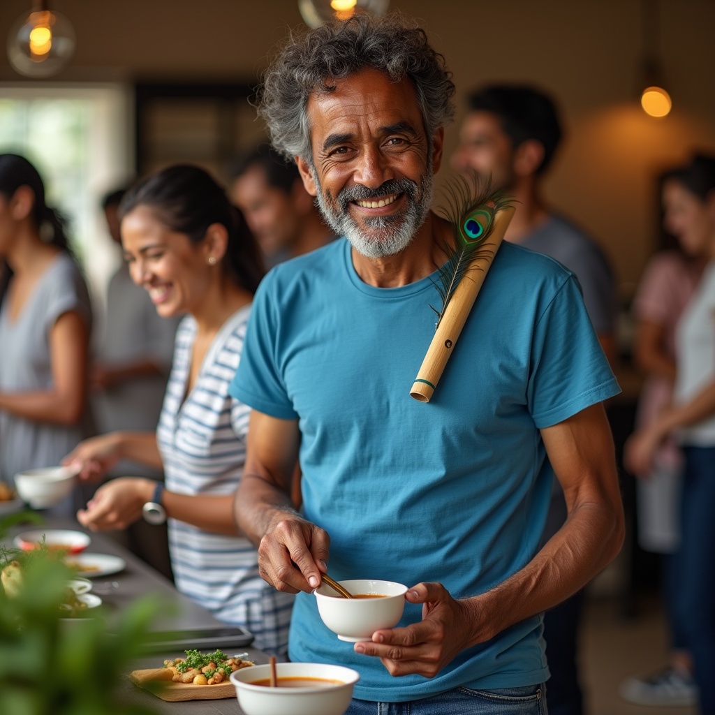 Krishna in casual clothes volunteering at a community kitchen, serving food with a gentle smile, warm indoor lighting