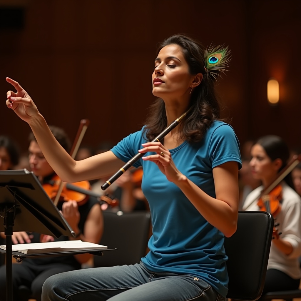 A conductor leading an orchestra, eyes closed, hands moving — the music comes from the ensemble, not just them