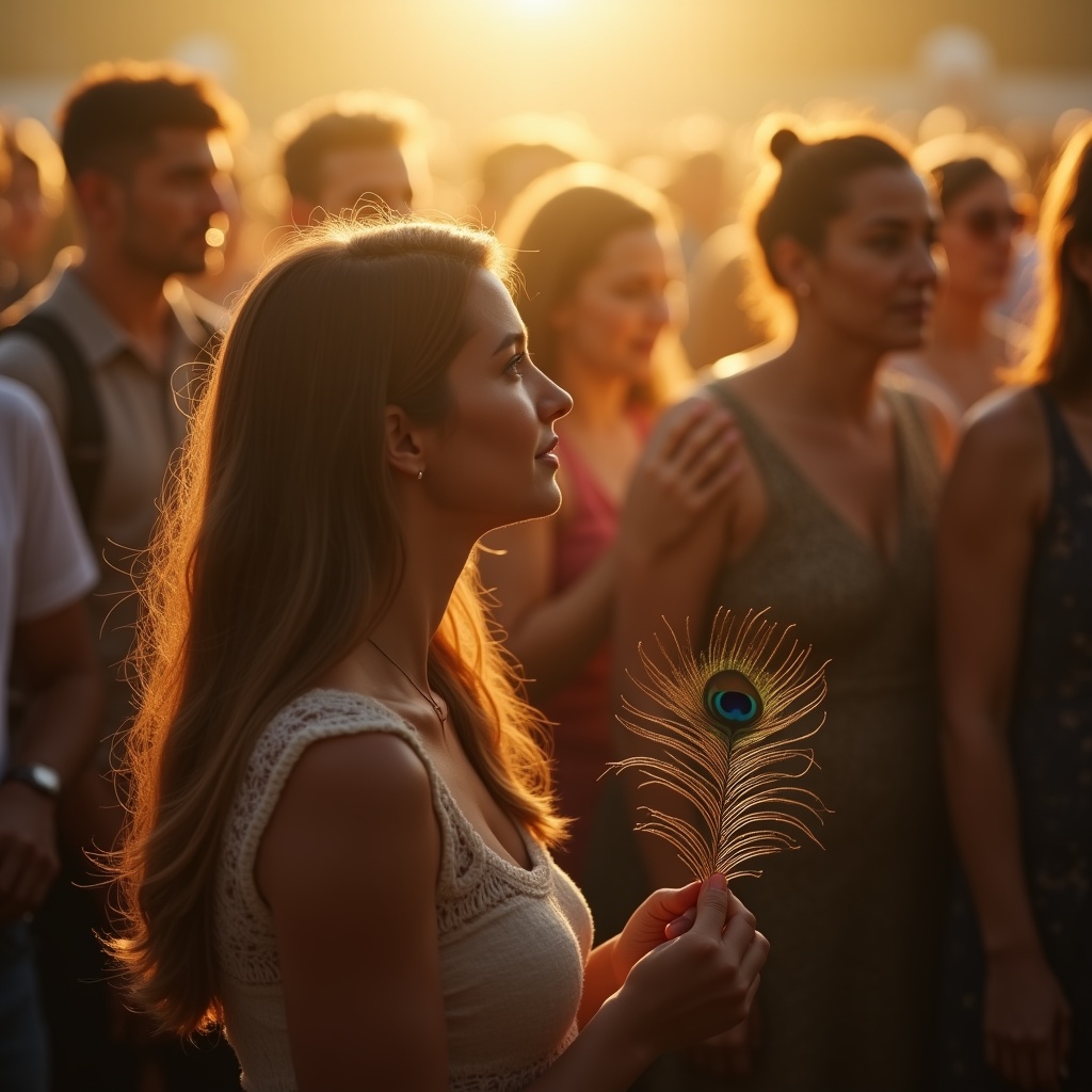 A person looking at a crowd of wildly different people — different clothes, faces, postures — but a single warm light glows from the centre of each one, connecting them all