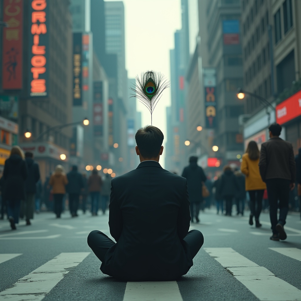 A person sitting quietly in the middle of a chaotic marketplace — vendors shouting, colours everywhere, crowds moving — yet perfectly still and at ease, eyes clear