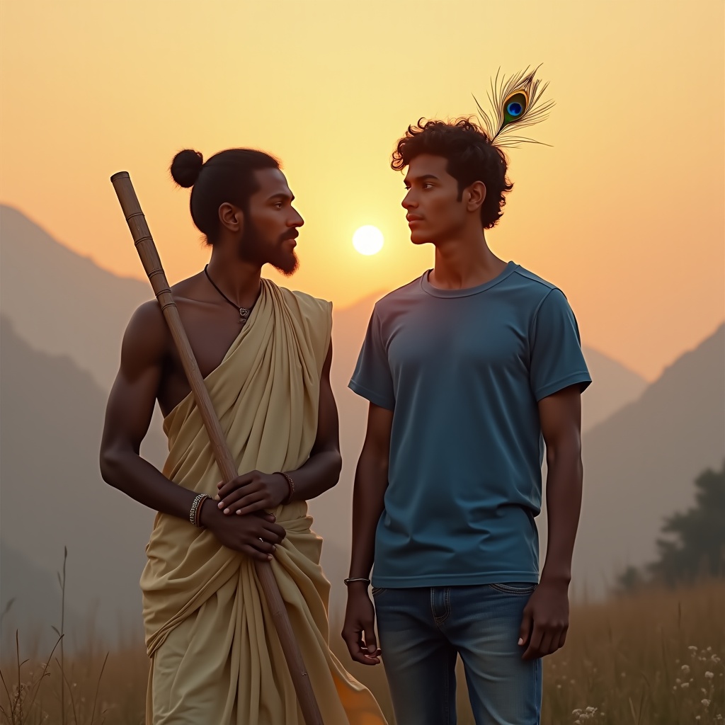 A teacher and student standing at a cliff edge overlooking a vast landscape at dawn — the teacher steps back, the student stands alone, finally ready, finally free