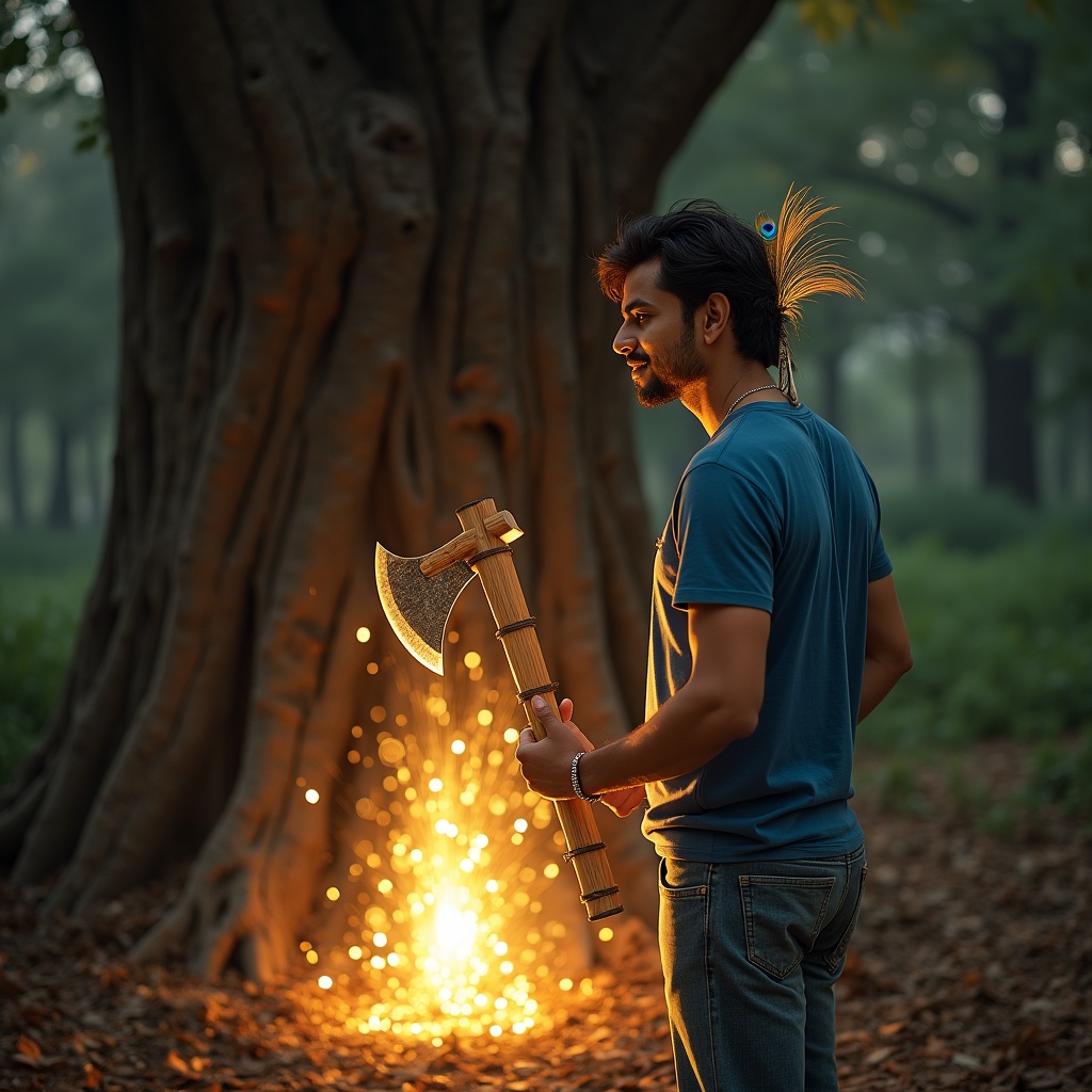 A person standing before the enormous inverted tree, holding a glowing blade — the world behind them shifting from tangled chaos to open sky