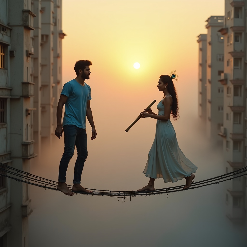 An airport terminal at dawn, a person sitting calmly while chaos swirls around them, light streaming through tall windows