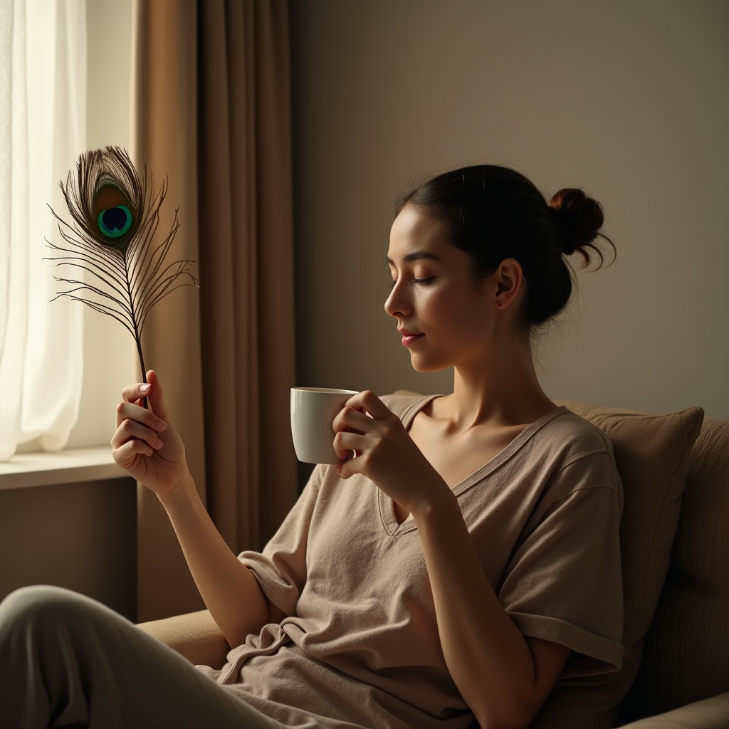 A person sitting quietly in a minimalist room with nothing but a window showing a beautiful sunset, perfectly content