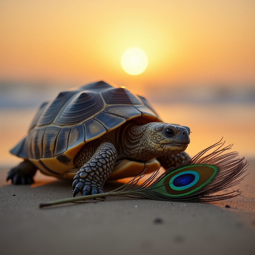 A tortoise peacefully withdrawing into its shell while waves crash on the rocks around it, golden hour light