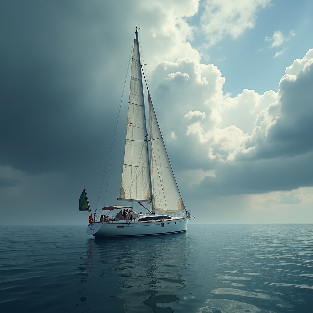 A small sailboat being blown off course by a powerful gust of wind on open water, the sailor struggling with the tiller