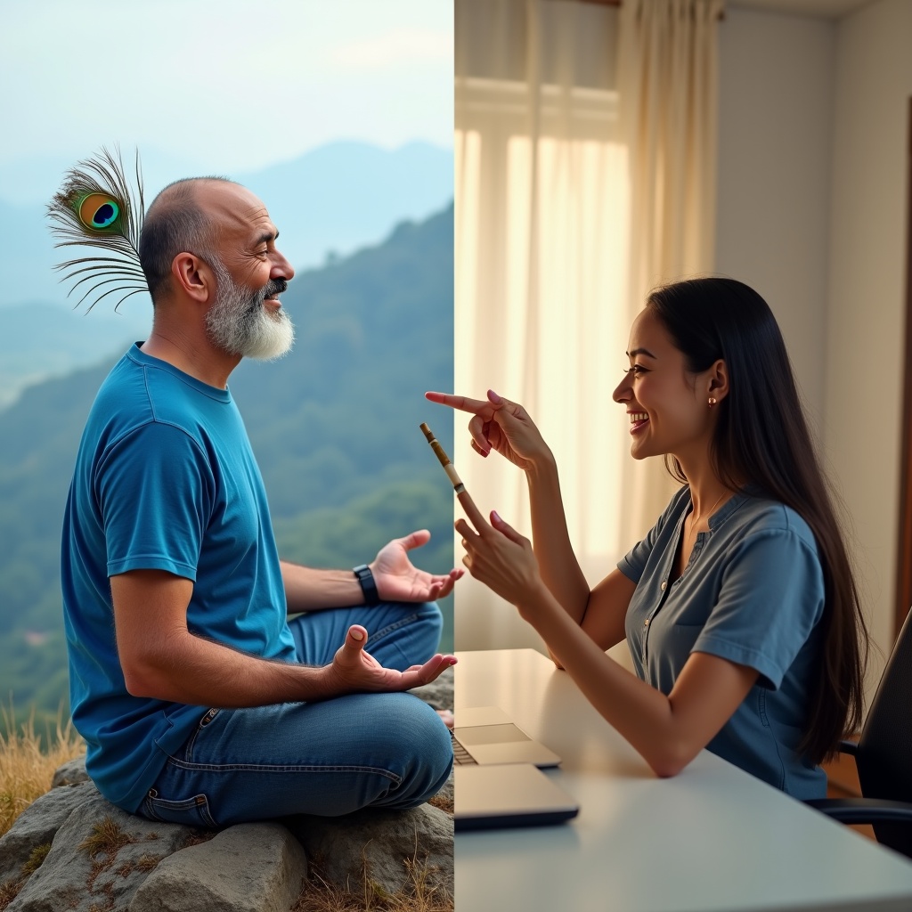 A person standing at a fork in the road, one path leading to a mountain cave, the other to a vibrant city, choosing the city with calm resolve