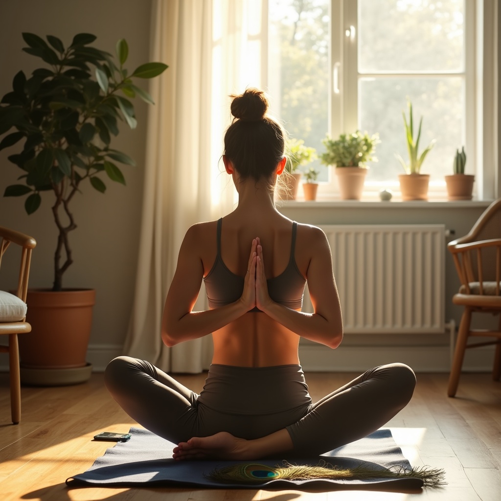 Someone meditating peacefully in a busy coffee shop, laptop closed, surrounded by activity but utterly calm