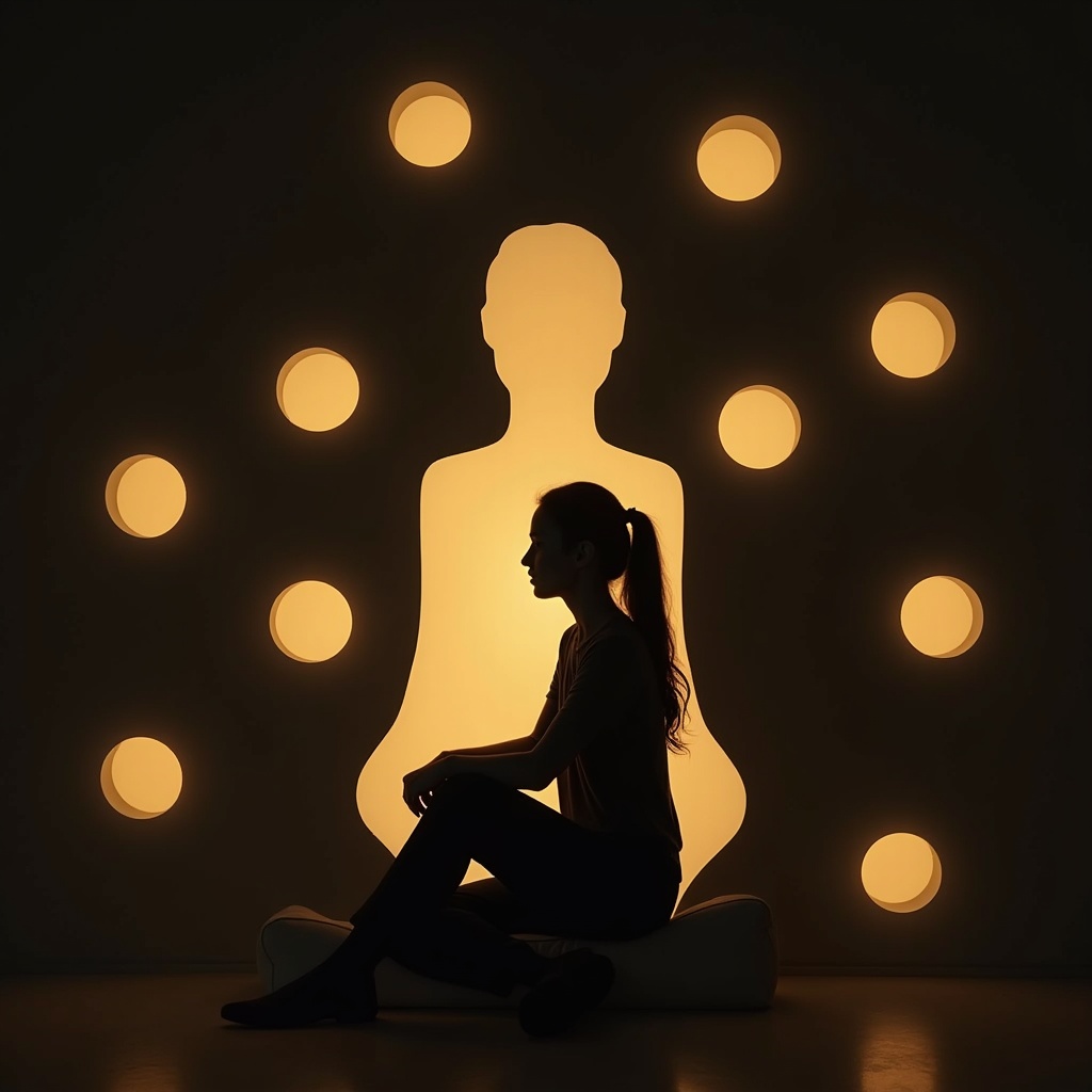 A person sitting peacefully inside their home, nine windows open with sounds and light streaming in, undisturbed