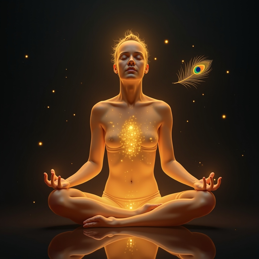 A person sitting alone on a hilltop at dawn, eyes closed, face lit by inner peace rather than the rising sun