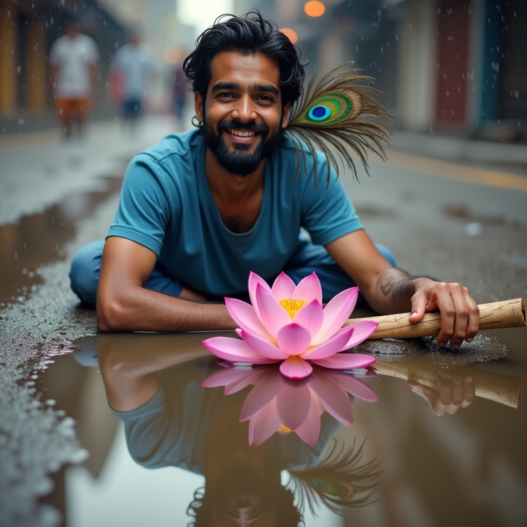 A lotus leaf floating on water with droplets rolling off its surface, reflected in the water is the silhouette of a busy city skyline