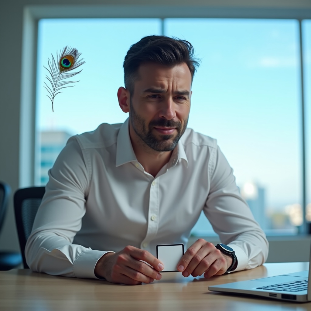 A person removing masks and name tags one by one, standing in an empty white room, each discarded label dissolving into light