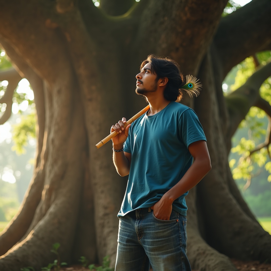 A sky-touching form blazing with impossible colors — a tiny human figure before it, trembling, caught between awe and terror