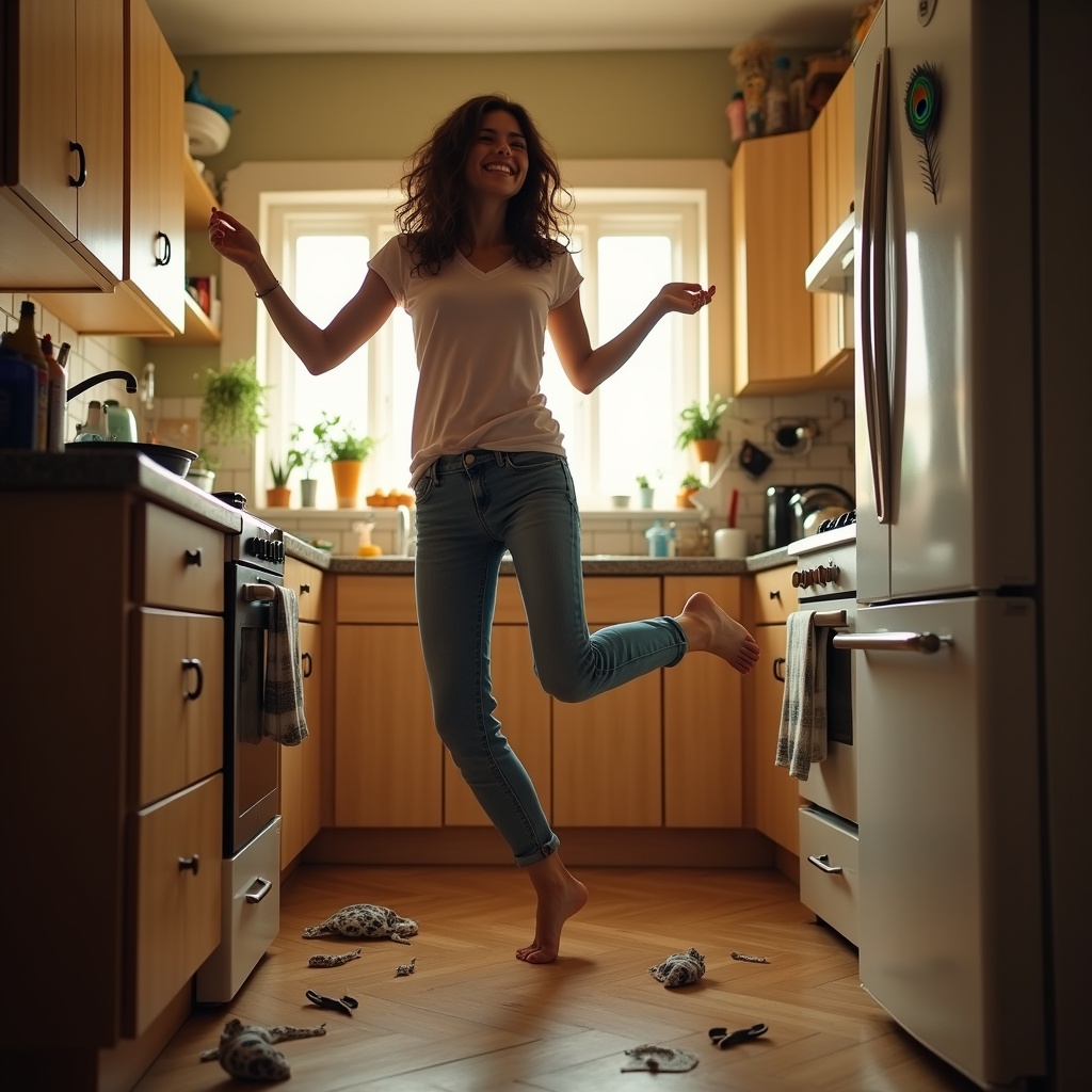 A person sitting peacefully in a park at golden hour, balanced between a bustling city street and a quiet pond