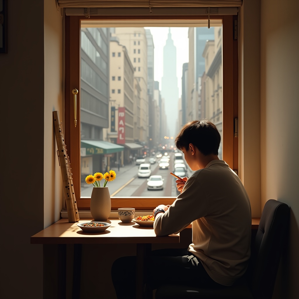 A calm morning routine scene — someone making tea by a window as early light streams in, a journal open on the table
