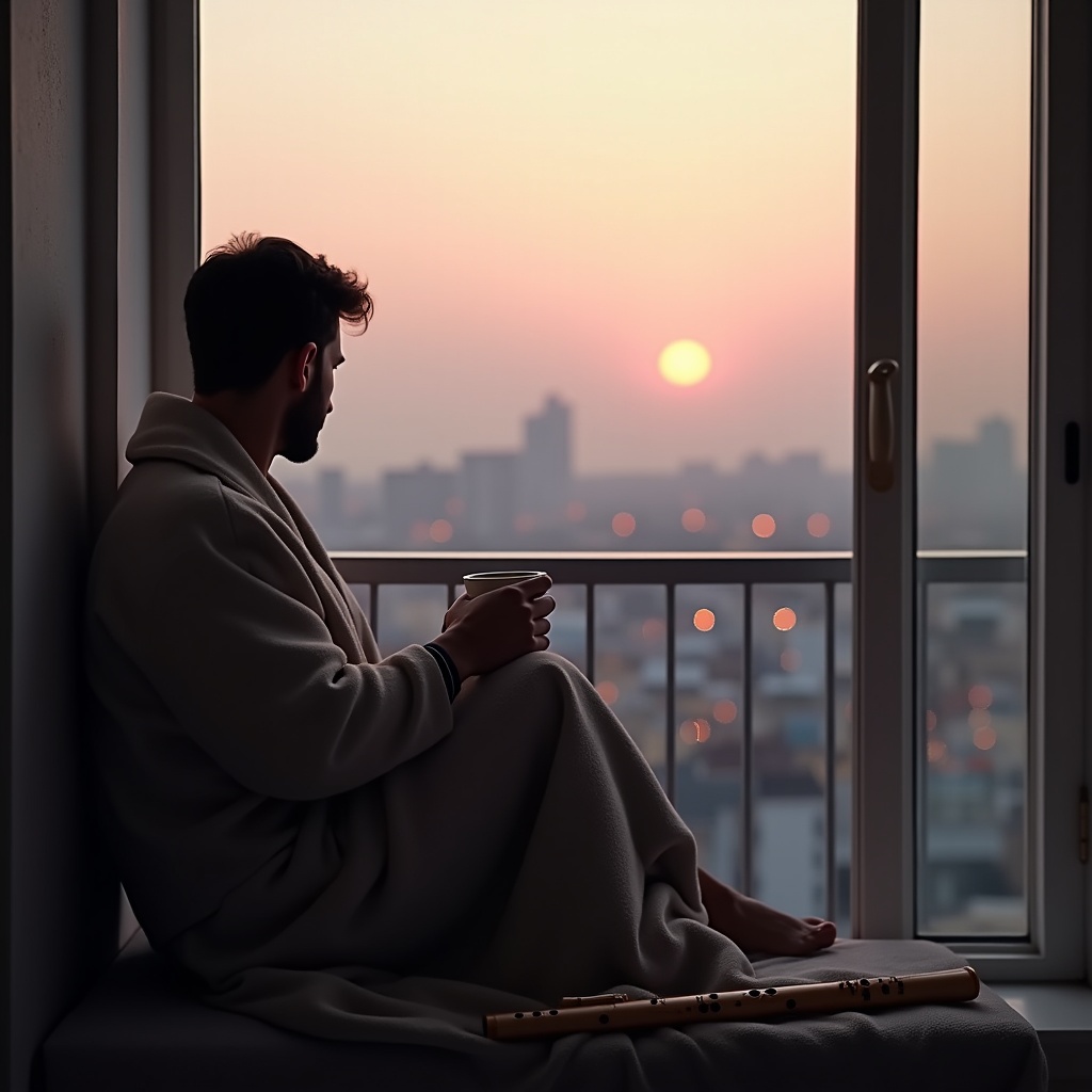 A rooftop at sunrise, a person wrapped in a blanket watching the sky shift from purple to gold, city quiet below