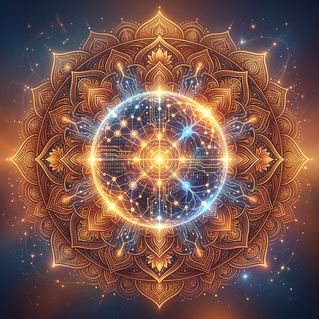 An abstract illustration blending a glowing digital core with intricate, traditional mandala patterns, representing the intersection of artificial intelligence and ancient spiritual wisdom.