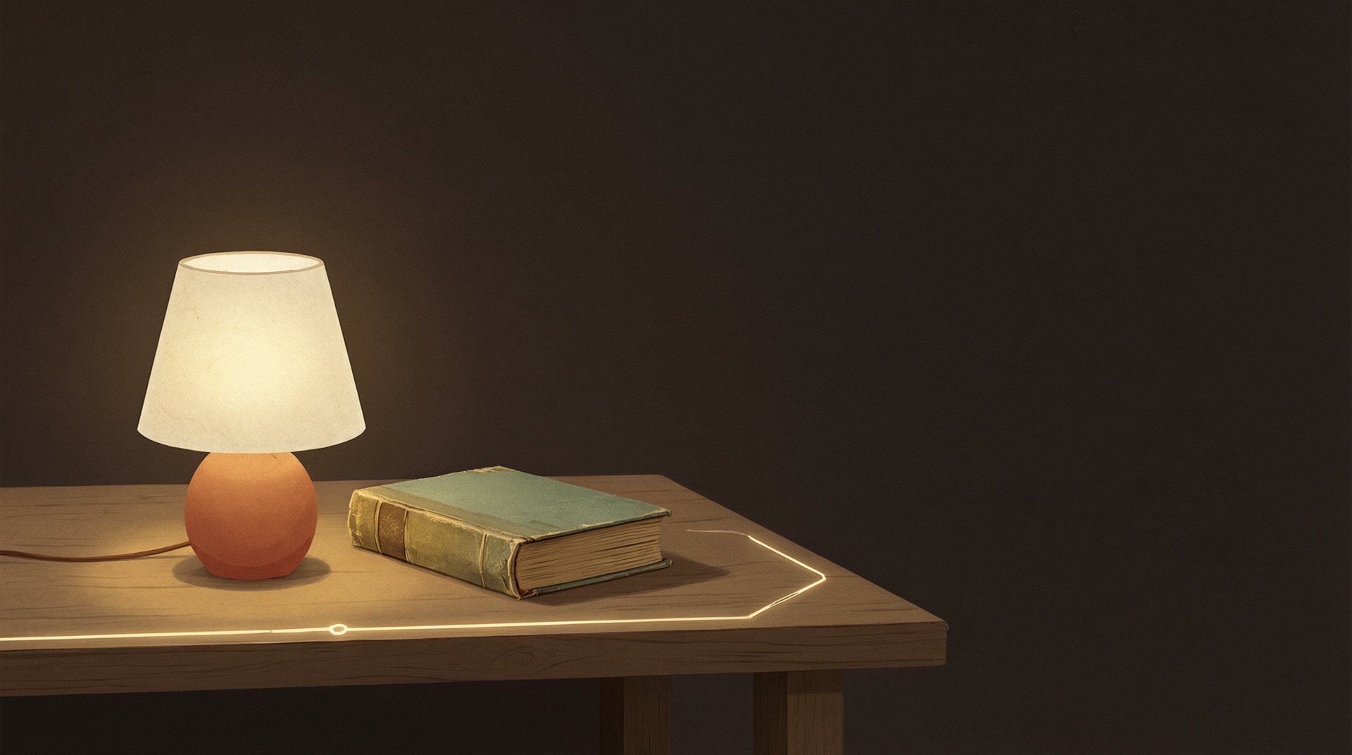 A small glowing lamp beside an old cloth-bound book on a wooden table, a faint circuit-like line of light tracing the table edge.