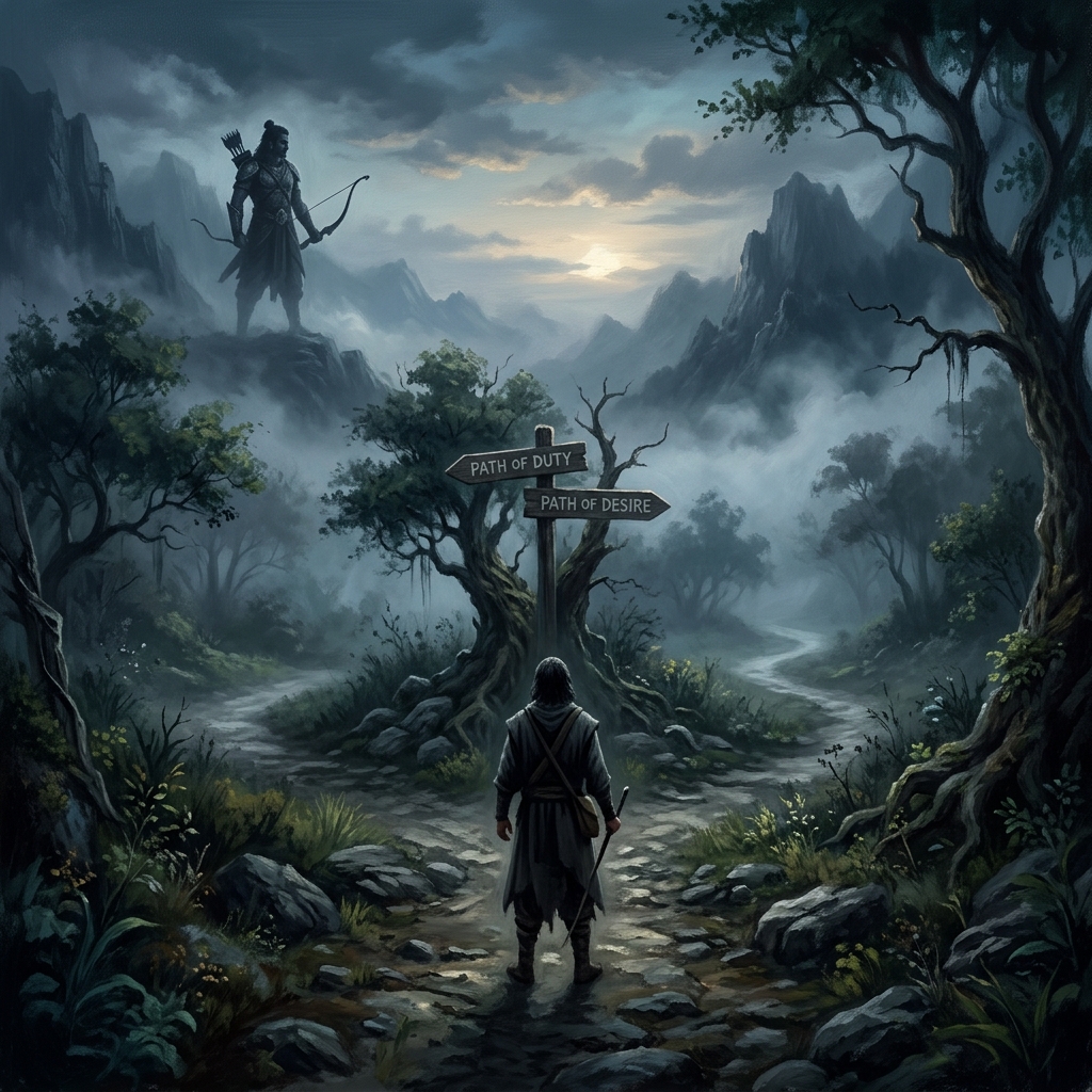 A metaphorical illustration of a person standing at a crossroads in a mystical, foggy landscape.