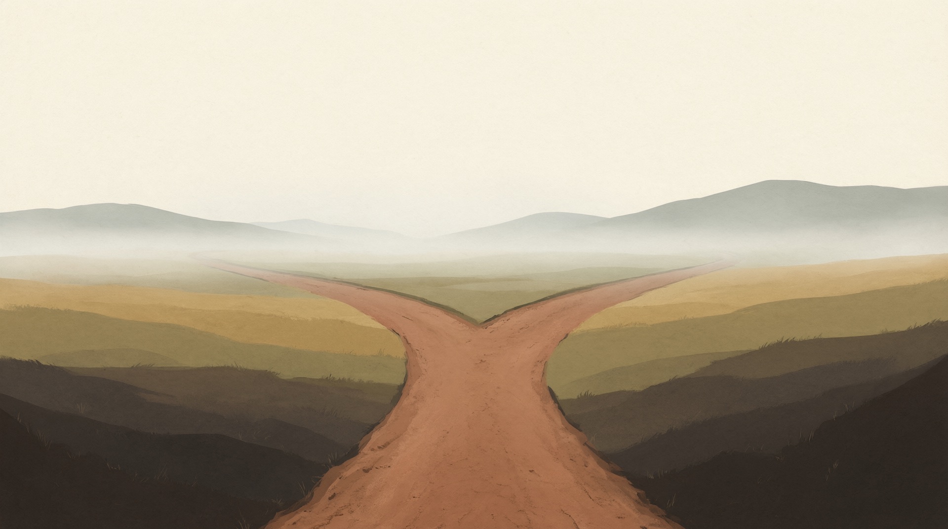 A dirt path through quiet golden fields splitting into two paths that curve away into morning fog.