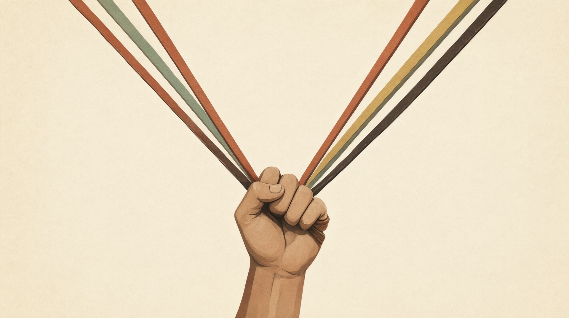 A single closed fist holding five taut reins that fan out toward the edges of the frame.