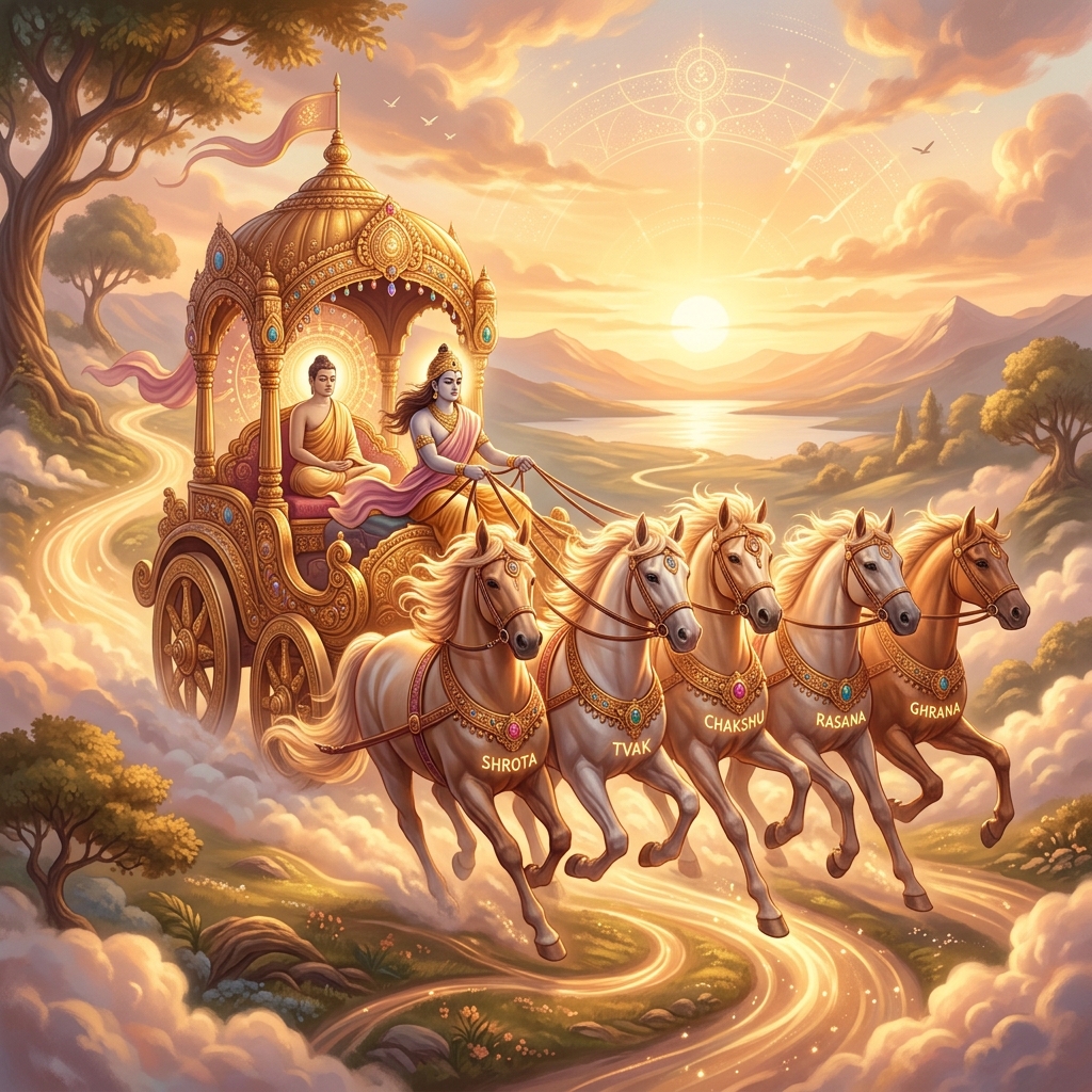 A serene illustration of a majestic chariot drawn by five powerful horses, representing the mind and senses.