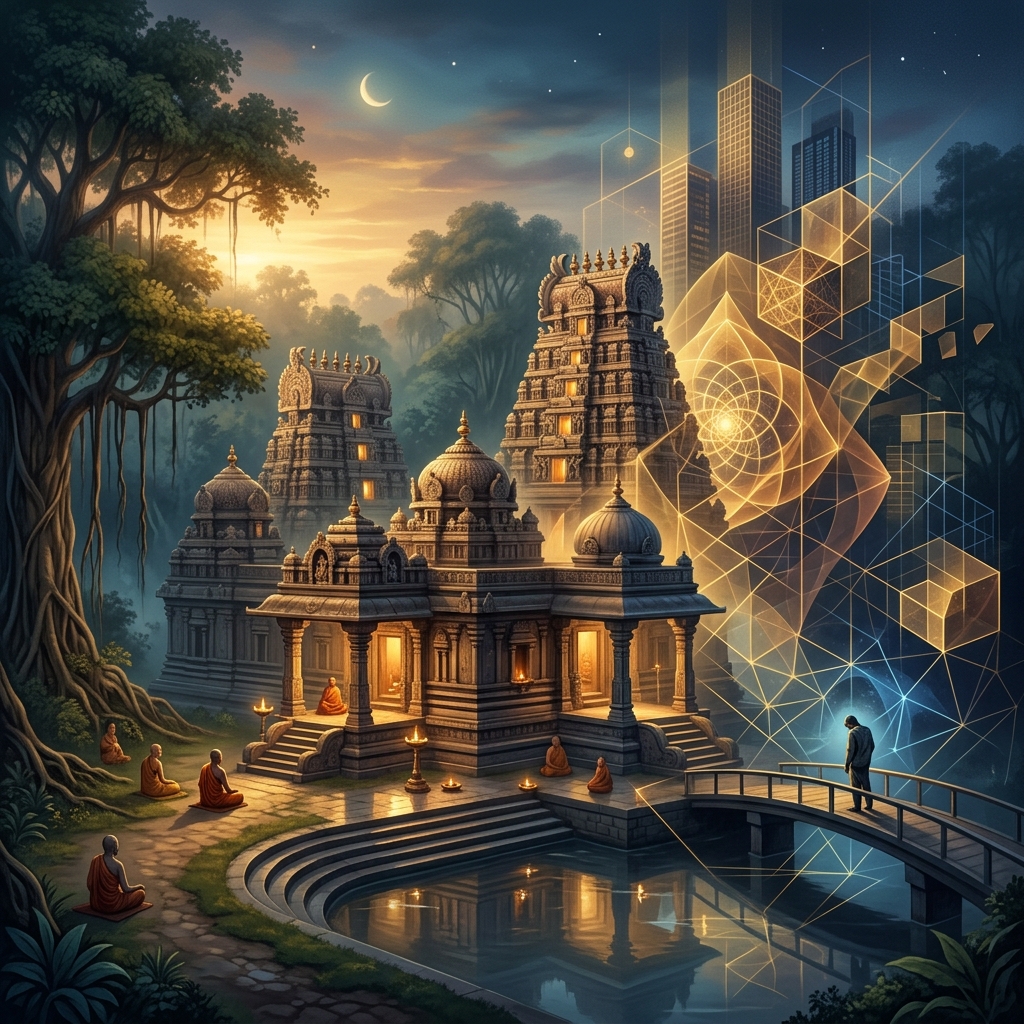 A serene illustration blending ancient Indian temple architecture with modern geometric shapes, symbolizing ancient wisdom meeting modern life.